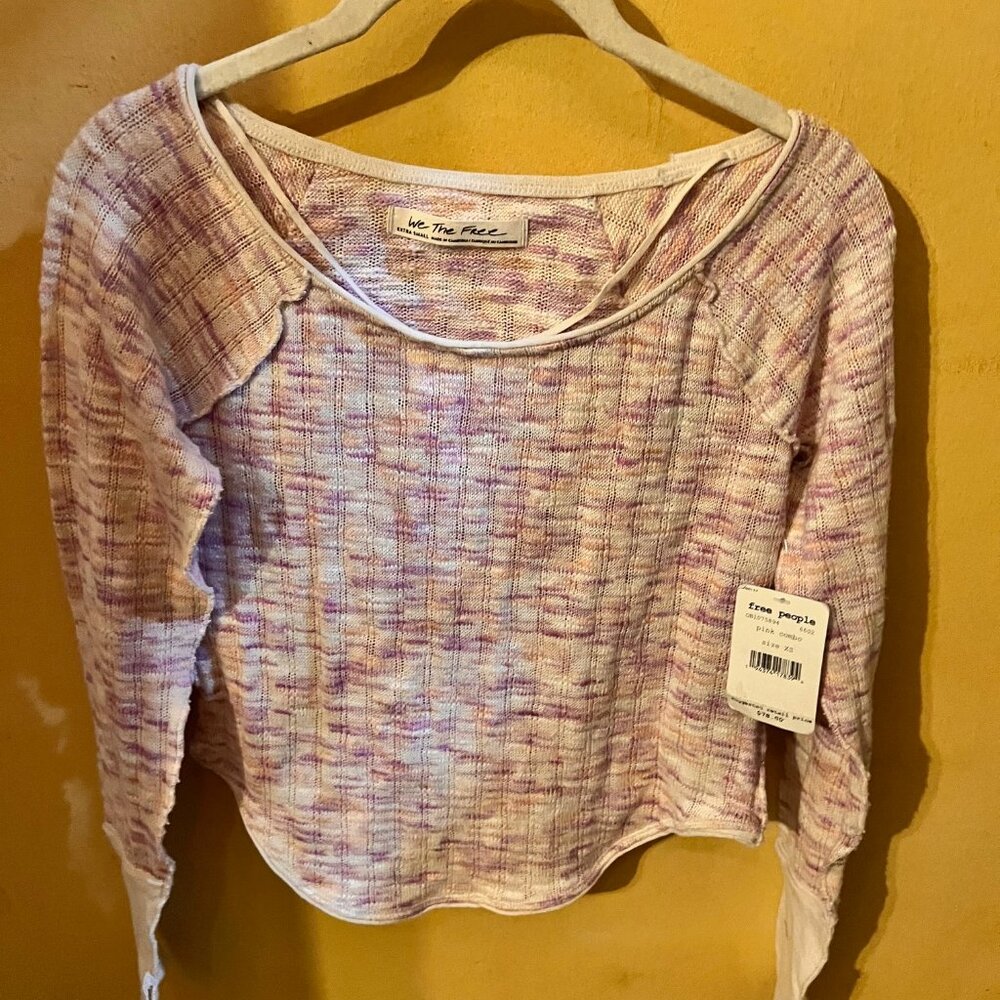 Free People Pink and Purple marled pattern on White Long Sleeve Shirt, NWT, Smal